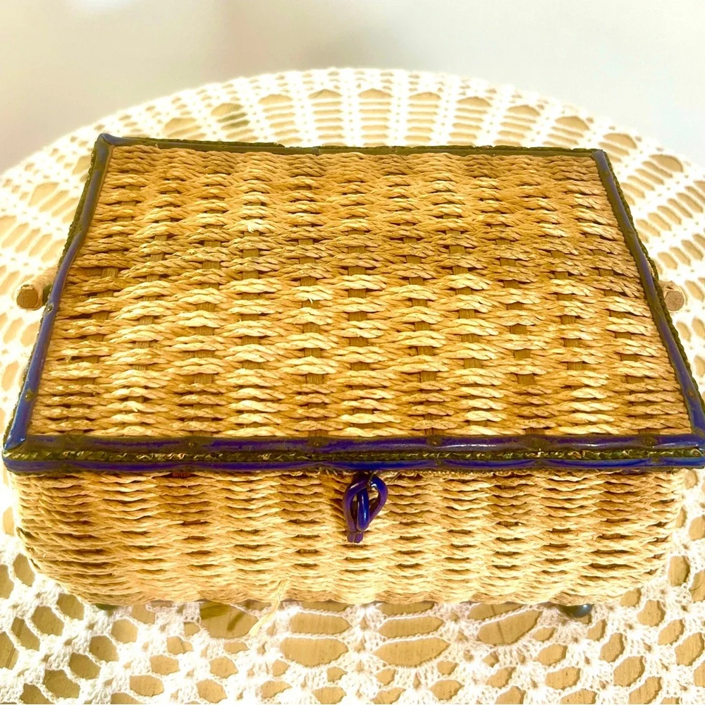 Vintage Wicker & Blue Sewing Basket with Light Blue Satin Lining Cottagecore